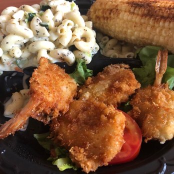 Faidley's Seafood - Jumbo Fried Shrimp w/ macaroni salad and corn on the cob - really good! - Seafood Markets Near Me - Baltimore, Maryland