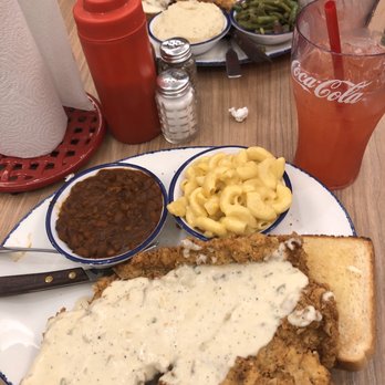 Mia's Table - Chicken fried chicken, baked beans and Mac n cheese with a strawberry lemonade. - American Near Me - Katy, Texas Mia's Table - Chicken fried chicken, baked beans and Mac n cheese with a strawberry lemonade. - American Near Me - Katy, Texas