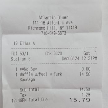 Atlantic Diner - Sales receipt, December 6, 2024 - American Near Me - Richmond Hill, New York