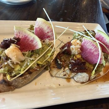 Oak and Ola - Avocado Shrimp Toast with 1 shrimp per piece of bread.  Looks GREAT, that's about it! - New American Near Me - Tampa, Florida