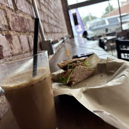 Iced latte, turkey sandwich, view of the interior