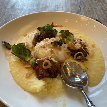 Mercantile - Breakfast grits with sausage a poached egg and roasted Brussel sprouts ! - New American Near Me - Denver, Colorado