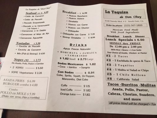 Menu photo 2 La Taquiza Restaurant South Gate, CA