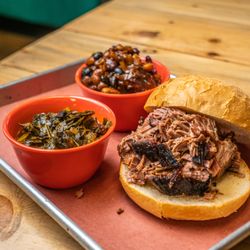 Roaming Buffalo BBQ - Brisket Sandwich with Collard Greens and Red Eye Cowboy Beans
