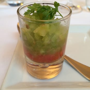 Macéo - Amuse of diced green and red tomato - French Near Me - Paris, 75 Macéo - Amuse of diced green and red tomato - French Near Me - Paris, 75
