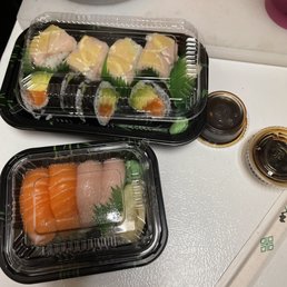 Brighton beach roll, salmon avocado roll, salmon sushi and yellowtail sushi Brighton beach roll, salmon avocado roll, salmon sushi and yellowtail sushi