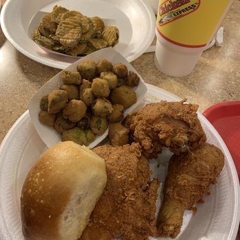 Chicken Express - a plate of fried chicken, a roll of breaded bread, and a cup of coffee - Chicken Wings Near Me - Arkadelphia, Arkansas