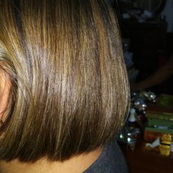 A.C.C.H Beauty Academy - Client requested layers in the back, but cut is straight across. Color is too blonde, not natural or what was requested.