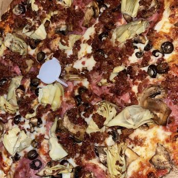 Pizza Guys - Large 2x Bacon, Salami, Artichoke, Mushroom, Olive, Well Done - Pizza Near Me - Stockton, California