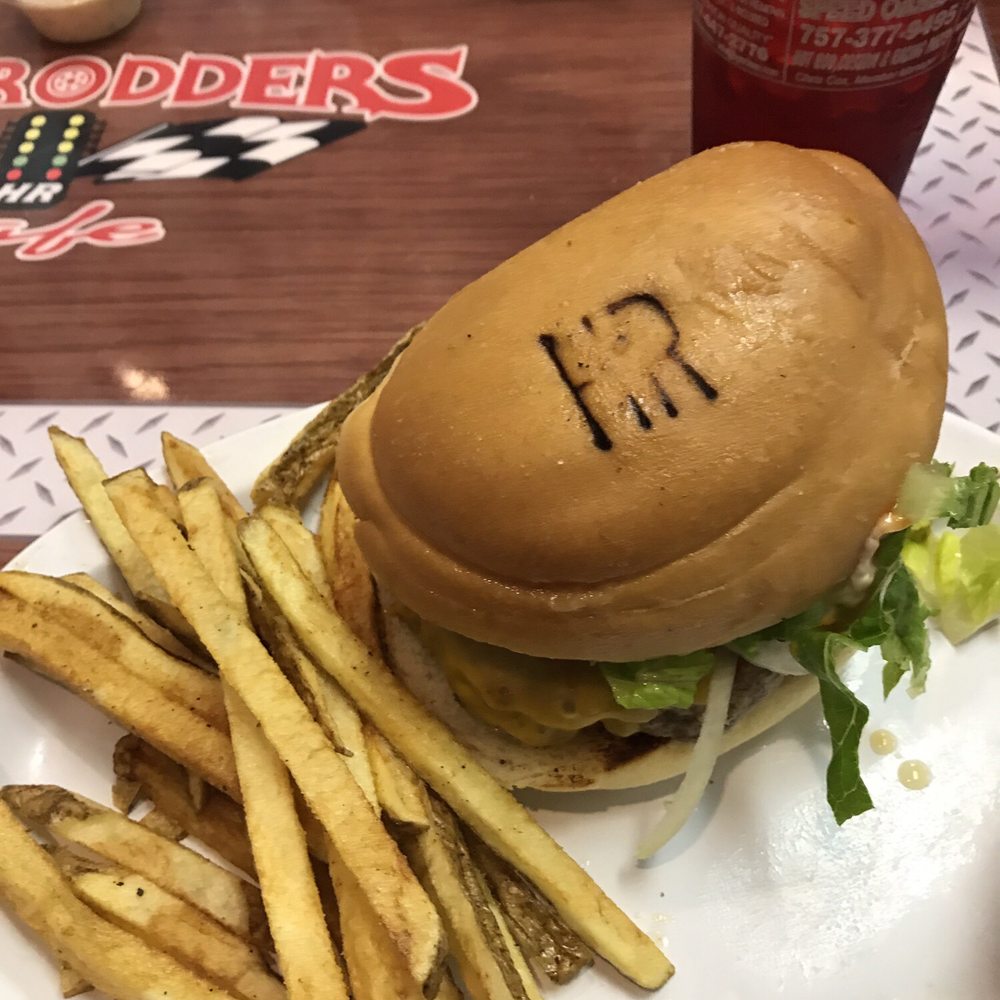 Hotrodders Cafe - Inside out burger with HR logo on the bun - American Near Me - Chesapeake, Virginia Hotrodders Cafe - Inside out burger with HR logo on the bun - American Near Me - Chesapeake, Virginia