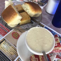 Cream of crab soup with their homemade bread that had cream cheese in the middle and cornbread Cream of crab soup with their homemade bread that had cream cheese in the middle and cornbread