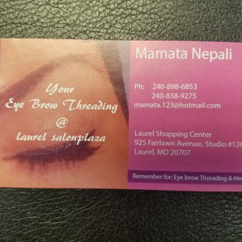Your Eyebrow Threading and Henna Tattoo - Mamata's business card and reward card on back. Don't lose it!! - Eyebrow Services Near Me - Laurel, Maryland Your Eyebrow Threading and Henna Tattoo - Mamata's business card and reward card on back. Don't lose it!! - Eyebrow Services Near Me - Laurel, Maryland