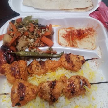 Quebobs Restaurant - The razzle dazzle. Chicken kabob plate. With rice, garlic veggies and hummus. - Mediterranean Near Me - Los Angeles, California