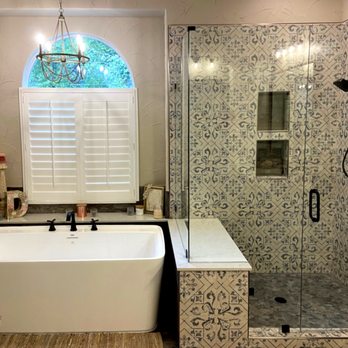 A-Ward Custom Installations - Completely redesigned bath with custom shower and freestanding bathtub. - Flooring Near Me - Arlington, Texas A-Ward Custom Installations - Completely redesigned bath with custom shower and freestanding bathtub. - Flooring Near Me - Arlington, Texas