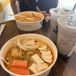 Self serve Raman and Taro milk tea with berry boba pearls Self serve Raman and Taro milk tea with berry boba pearls