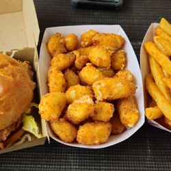 Rockin' Pig Saloon Rogers, Arkansas - Crispy Chicken Sandwich, Cheese Curds, and French Fries.