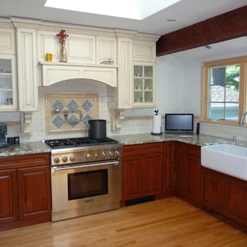 Cedarbrook Custom Cabinets - This custom kitchen has stained rustic Cherry wood base cabinets. With off white lacquer wall cabinets with a rub - through finish. - Cabinetry Near Me - Ronkonkoma, New York Cedarbrook Custom Cabinets - This custom kitchen has stained rustic Cherry wood base cabinets. With off white lacquer wall cabinets with a rub - through finish. - Cabinetry Near Me - Ronkonkoma, New York