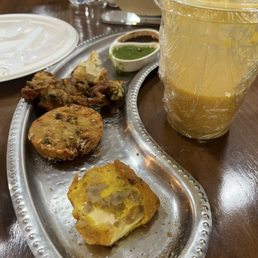 Appetizer sampler and Mango Lassi