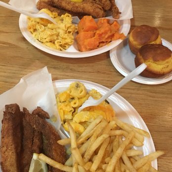 Gram's Mission BBQ - Top plate: catfish, Mac n cheese, yams Side plate: bread  Bottom plate: tilapia, Mac n cheese, fries - Soul Food Near Me - Riverside, California