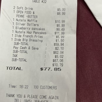 Nyack Diner - a receipt for a check - A printed receipt from a diner dated November 9, 2023, listing various food and beverage items with prices, totaling $77.85. - Breakfast & Brunch Near Me - Nyack, New York
