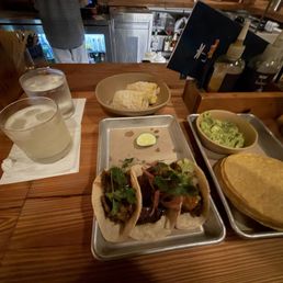 Classic Margarita, duck / pork belly / chorizo tacos, corn, small guacamole + chips