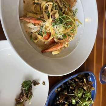 Schooners Monterey - Crispy Brussel Sprouts and their daily special of shrimp linguine - Seafood Near Me - Monterey, California Schooners Monterey - Crispy Brussel Sprouts and their daily special of shrimp linguine - Seafood Near Me - Monterey, California