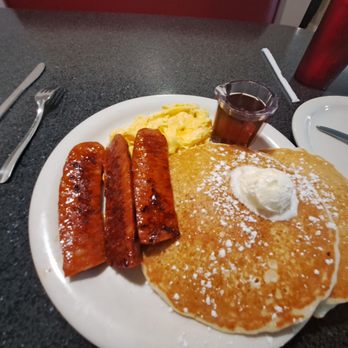 Kamilas Breakfast and Lunch - Delicious Portuguese sausage fluffy pancakes w/soft scrambled. - American Near Me - San Diego, California Kamilas Breakfast and Lunch - Delicious Portuguese sausage fluffy pancakes w/soft scrambled. - American Near Me - San Diego, California