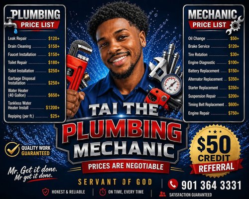 Straightforward Pricing You Can Trust - At Tai the Mechanic Plumber, we believe in honest, up-front pricing. Every job begins with a clear, written estimate—no hidden fees, no surprise charges. Our rates are competitive, and we always take the time to explain your options so you can make an informed decision. Fair, honest pricing you can trust—that’s our promise. Straightforward Pricing You Can Trust - At Tai the Mechanic Plumber, we believe in honest, up-front pricing. Every job begins with a clear, written estimate—no hidden fees, no surprise charges. Our rates are competitive, and we always take the time to explain your options so you can make an informed decision. Fair, honest pricing you can trust—that’s our promise.
