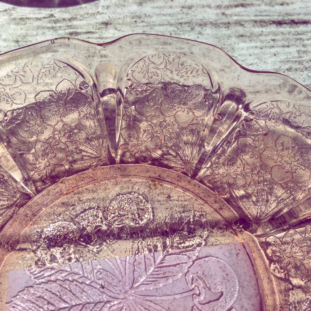 Second Chance Thrift Store - A close up of the vintage pink Depression glass plate. - Thrift Stores Near Me - Pacific Grove, California