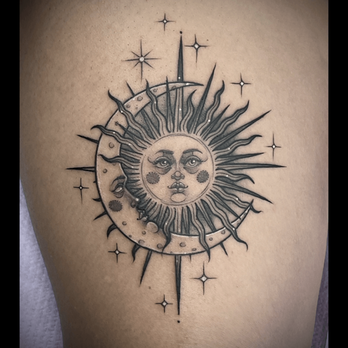 Space Mermaid Tattoo - Fineline sun & moon - Tattoo Near Me - Melbourne, Florida Space Mermaid Tattoo - Fineline sun & moon - Tattoo Near Me - Melbourne, Florida