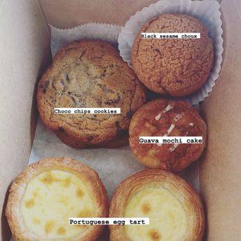 CA Bakehouse - Two Portuguese, egg tarts, two chocolate chip cookies, black sesame choux and a guava mochi cake. - Bakeries Near Me - San Jose, California