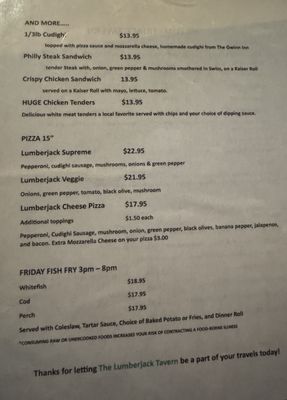 Menu photo 1 Lumberjack Tavern Big Bay, MI