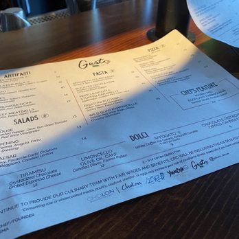 Gusto - Menu. They must have told us 3 times that it's family style and dishes come out as they are finished. - Italian Near Me - Denver, Colorado Gusto - Menu. They must have told us 3 times that it's family style and dishes come out as they are finished. - Italian Near Me - Denver, Colorado