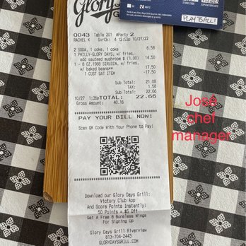 Glory Days Grill - This is my receipt, The manager Kayla still has a lot to learn, in my opinion. - Sports Bars Near Me - Riverview, Florida Glory Days Grill - This is my receipt, The manager Kayla still has a lot to learn, in my opinion. - Sports Bars Near Me - Riverview, Florida