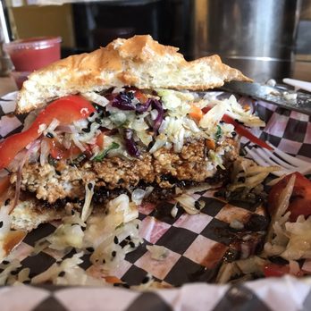 Scolari's Good Eats - Cha Siu Chicken Burger - topped with a sesame seeded Asian slaw - Burgers Near Me - Alameda, California Scolari's Good Eats - Cha Siu Chicken Burger - topped with a sesame seeded Asian slaw - Burgers Near Me - Alameda, California