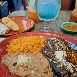 Chicken Mole street corn and Blue Lagoon margarita