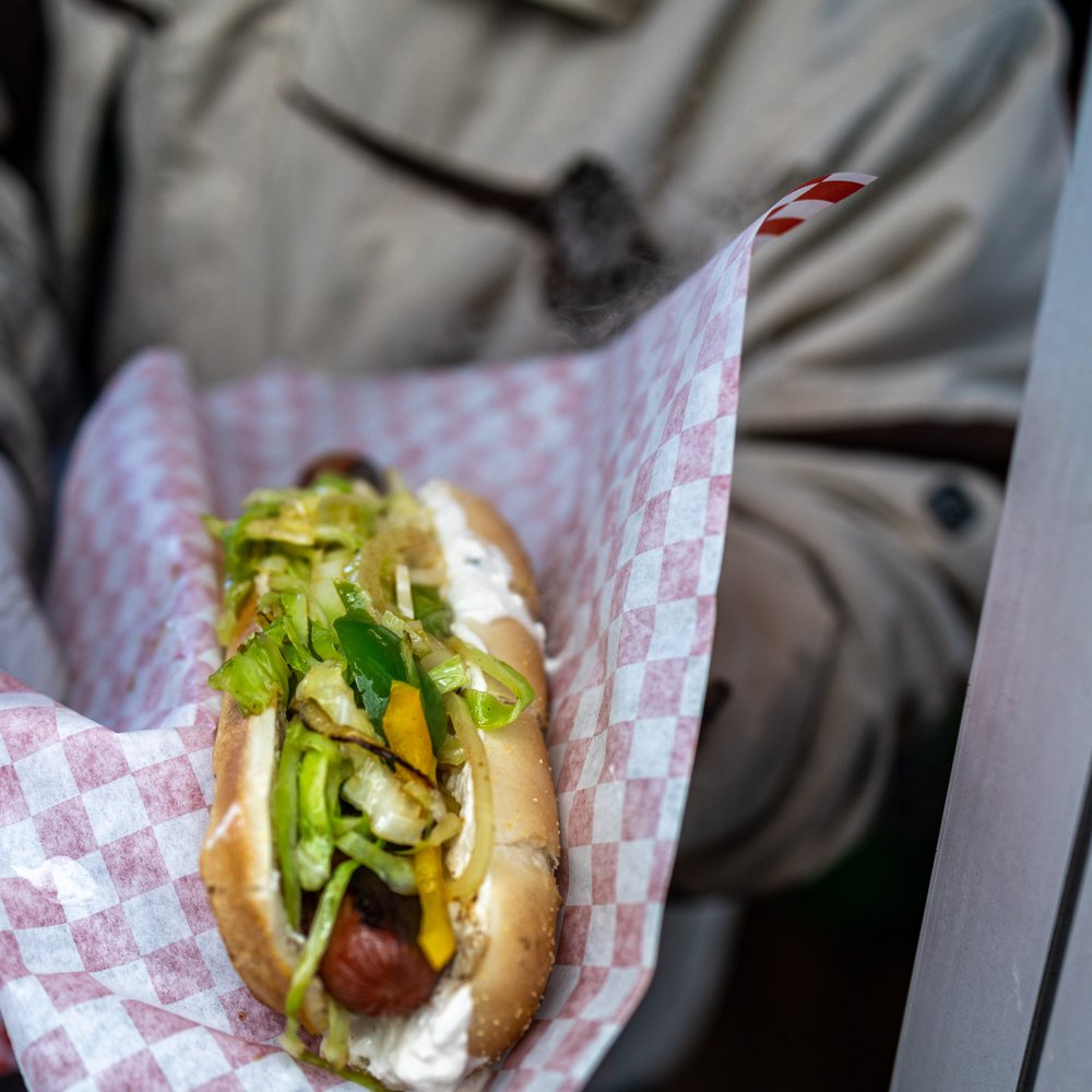 Dog In The Park - Seattle Dog ($8) Cream cheese and Caramelized Veggies (cabbage, onions and peppers) on a toasted bun - Hot Dogs Near Me - Seattle, Washington Dog In The Park - Seattle Dog ($8) Cream cheese and Caramelized Veggies (cabbage, onions and peppers) on a toasted bun - Hot Dogs Near Me - Seattle, Washington