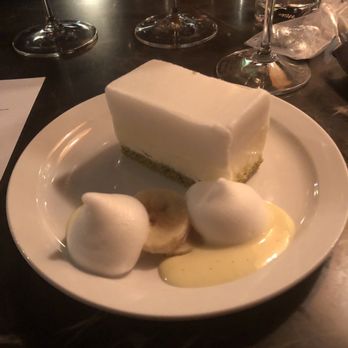 Stage Restaurant - dessert by pastry chef  Yuzu Haupia Sherbet macha sponge cake banana crème coconut foam paired with gewurztraminer from France 2014 - New American Near Me - Honolulu, Hawaii