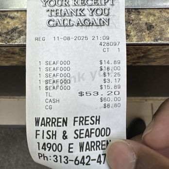 Warren Fresh Fish And Seafood - Receipt for 1 pound salmon bites, #7, small orka, and 10 pieces of perch - Seafood Markets Near Me - Detroit, Michigan