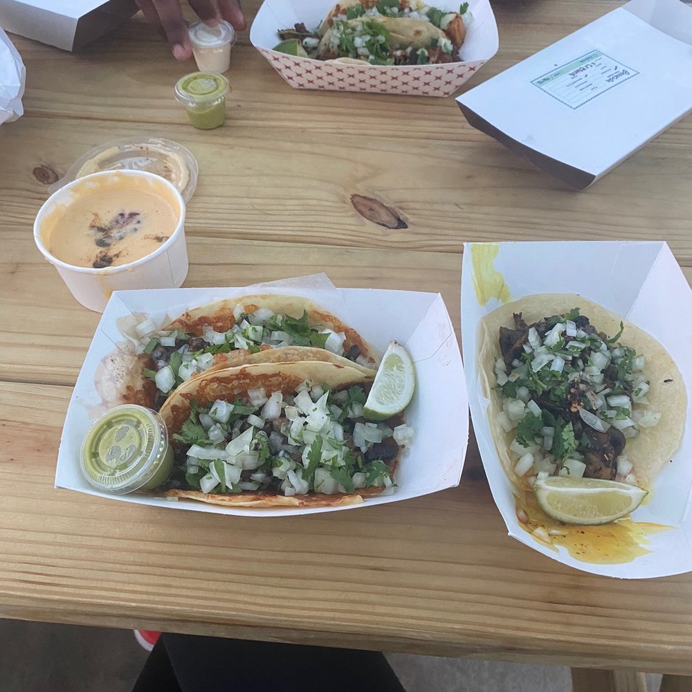 Barracuda Taco Stand - Chicken tacos & a mushroom taco (on the right), queso - Tacos Near Me - Baton Rouge, Louisiana Barracuda Taco Stand - Chicken tacos & a mushroom taco (on the right), queso - Tacos Near Me - Baton Rouge, Louisiana