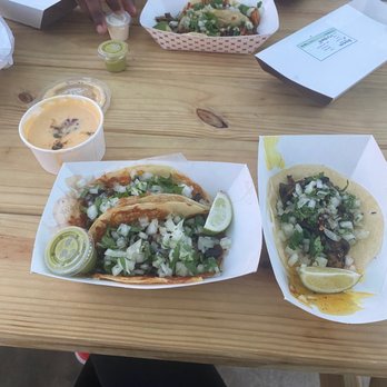 Barracuda Taco Stand - Chicken tacos & a mushroom taco (on the right), queso - Tacos Near Me - Baton Rouge, Louisiana