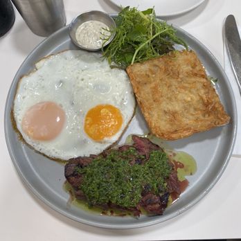 Yang’s Kitchen - Breakfast platter with Hanger's steak and over easy eggs - Asian Fusion Near Me - Alhambra, California