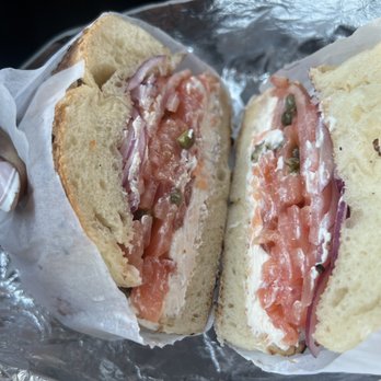 Everything Bagels & Deli - Toasted Everything bagel with Lox spread, smoked salmon, capers, tomatoes and thinly sliced purple onions. - Bagels Near Me - Bayonne, New Jersey Everything Bagels & Deli - Toasted Everything bagel with Lox spread, smoked salmon, capers, tomatoes and thinly sliced purple onions. - Bagels Near Me - Bayonne, New Jersey