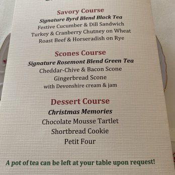 Historic Rosemont - Christmas Tea Savory Menu (courses stay the same but food items change and seem seasonal) - the food was delicious for both of my visits! - Bed & Breakfast Near Me - Berryville, Virginia