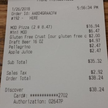 MOD Pizza - bill for three people - Fast Food Near Me - Reno, Nevada