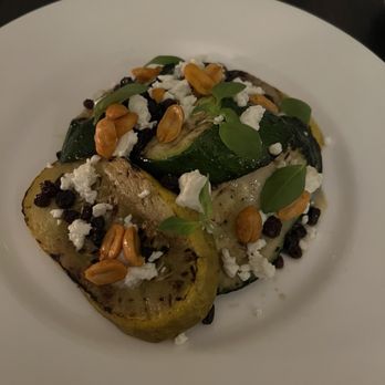 Ilo Bistro - Grilled Summer Squash Faro, goat cheese, pickled currants, peanuts, basil, tahini - French Near Me - Norfolk, Virginia