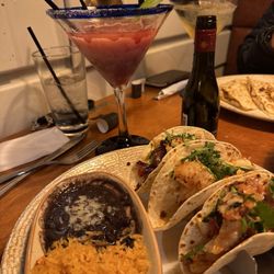 Plaza Azteca - Shrimp tacos and a sangriarita.