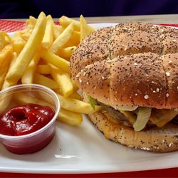 Delicious cheeseburger and fries