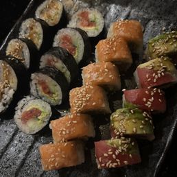 Tempura shrimp roll, spicy tuna roll, Mega Salmon roll, Dynamo roll