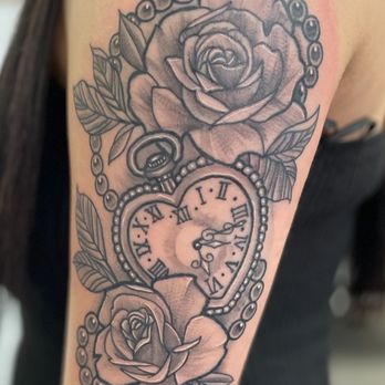 Beyond The Lines Tattoo - Roses and clock done by Aaron - Tattoo Near Me - Austin, Texas Beyond The Lines Tattoo - Roses and clock done by Aaron - Tattoo Near Me - Austin, Texas